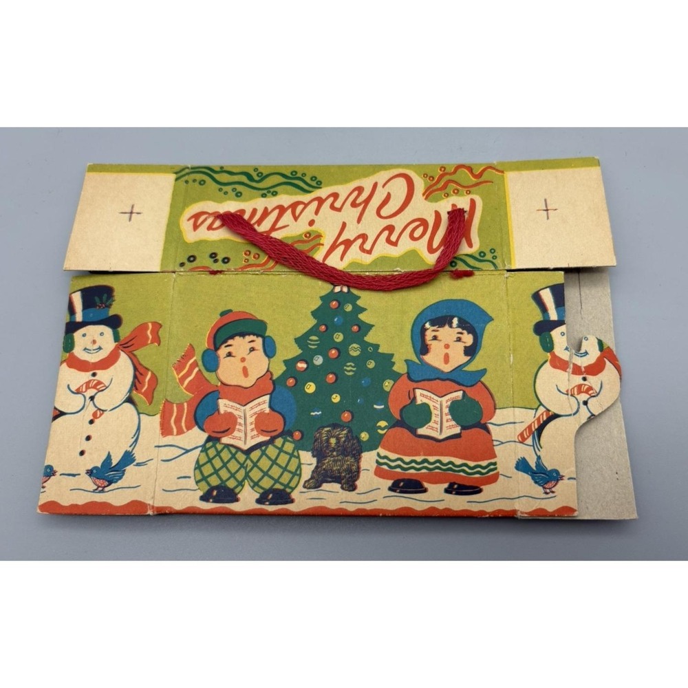 Vintage color print Christmas candy cooky cardboard box cloth handle carol 1950s